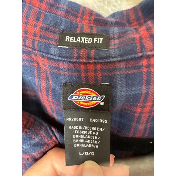 Dickies Mens Relaxed Fit Blue Red Plaid Flannel Button-Up L long sleeve collared - Picture 3 of 8